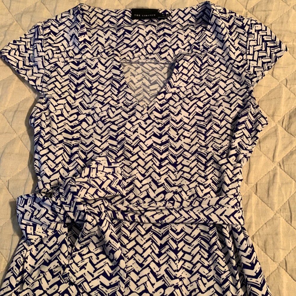Limited blue & white wrap dress with cap sleeves, no defects